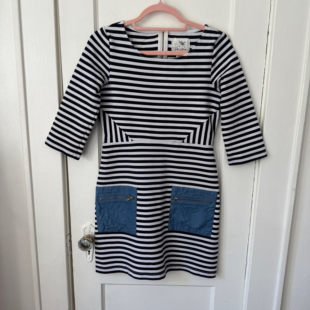 Tabitha from Anthropologie Striped Dress with Chambray Pockets Size 4 - Picture 1 of 10